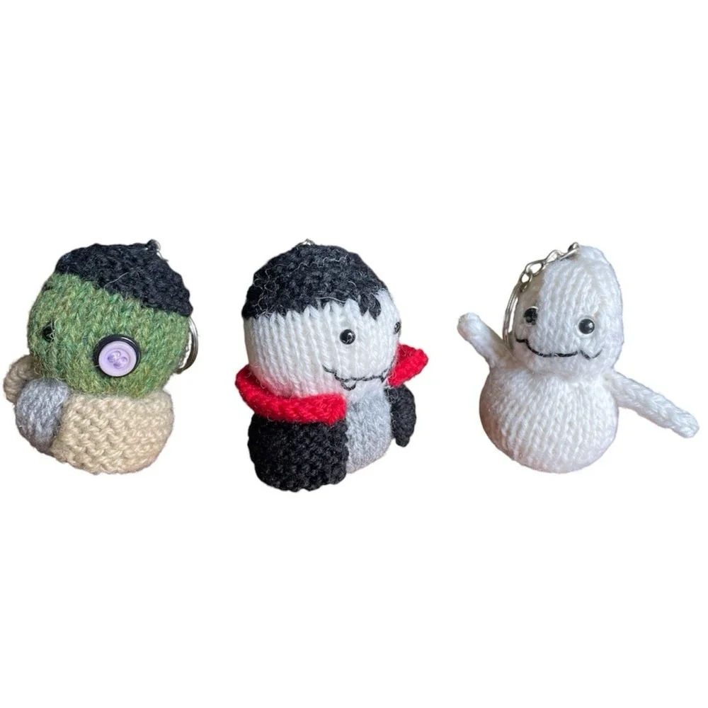 Handmade Halloween Keyring Ghost Dracula Frankestein Set of 3 Bag Charms Knitted